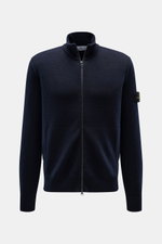 Stone Island Cardigan navy shown from the front, made of pure virgin wool with soft touch, regular fit, two-way zipper, high collar, welt pockets, compass badge on arm, and ribbed cuffs. 

<p>Comfortable essential: The cardigan from STONE ISLAND made of p