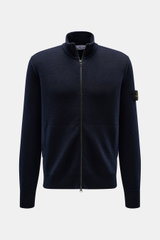Stone Island Cardigan navy shown from the front, made of pure virgin wool with soft touch, regular fit, two-way zipper, high collar, welt pockets, compass badge on arm, and ribbed cuffs. 

<p>Comfortable essential: The cardigan from STONE ISLAND made of p