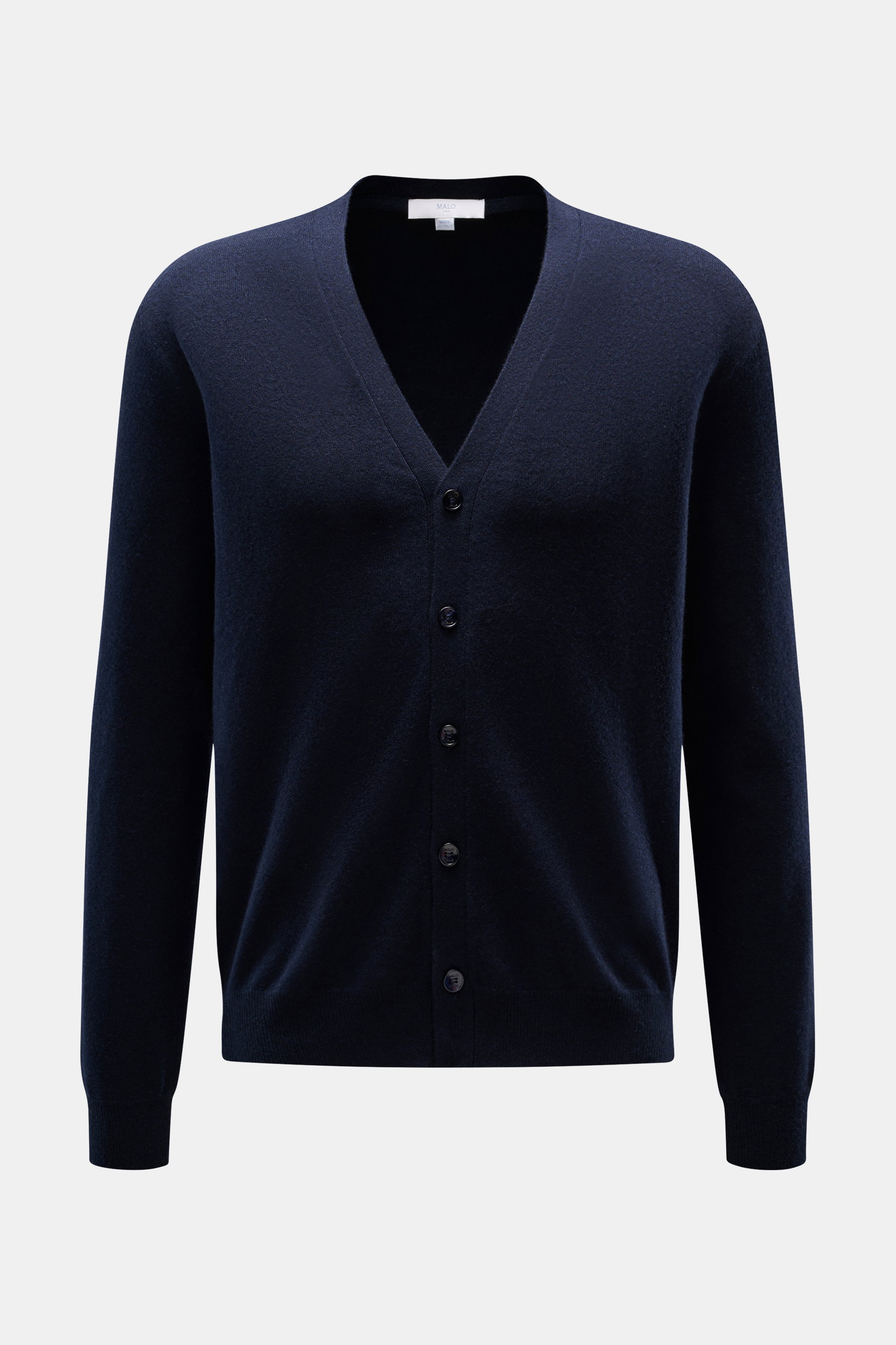Front view of Malo Cashmere Cardigan navy, a pure cashmere slim fit cardigan with V-neck, five-button placket, fine knit, and ribbed cuffs.