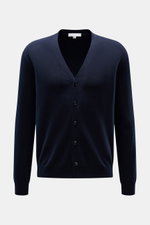 Malo Cashmere Cardigan navy, frontale Ansicht, Slim Fit, V-Ausschnitt, 5-Knopf-Leiste, reiner Cashmere, weiches Material, feines Strickbild, Rippbündchen.