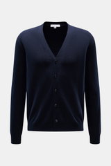 Malo Cashmere Cardigan navy, frontale Ansicht, Slim Fit, V-Ausschnitt, 5-Knopf-Leiste, reiner Cashmere, weiches Material, feines Strickbild, Rippbündchen.