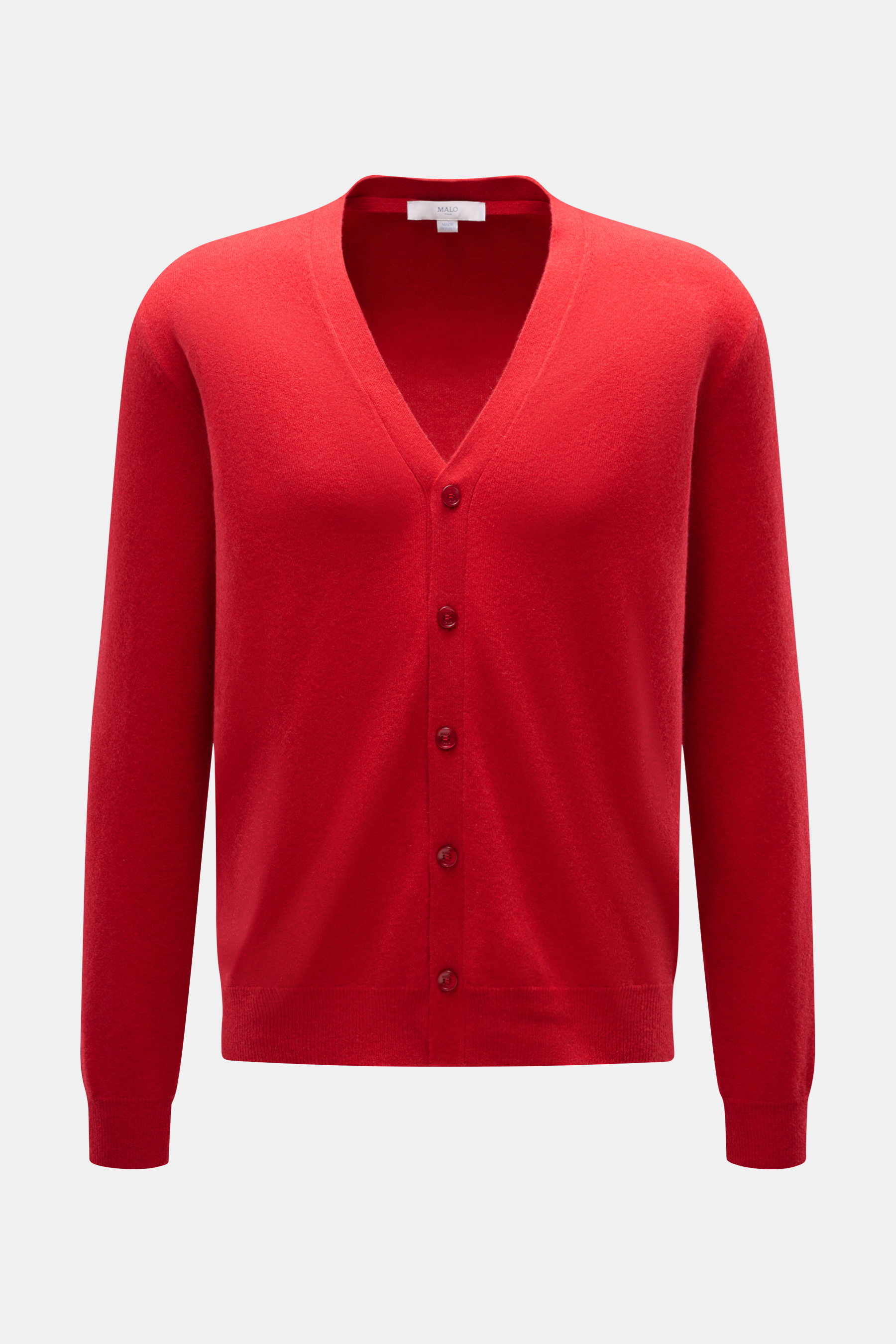 Front view of Malo Cashmere Cardigan red in pure cashmere with slim fit, V-neck, five-button placket, fine knit, and ribbed cuffs.