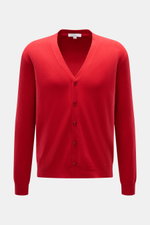Malo Cashmere Cardigan rot, Slim Fit, V-Ausschnitt, 5-Knopf-Leiste, weiches reines Cashmere, feines Strickbild, Rippbündchen, Vorderansicht.