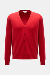 Malo Cashmere Cardigan rot, Slim Fit, V-Ausschnitt, 5-Knopf-Leiste, weiches reines Cashmere, feines Strickbild, Rippbündchen, Vorderansicht.
