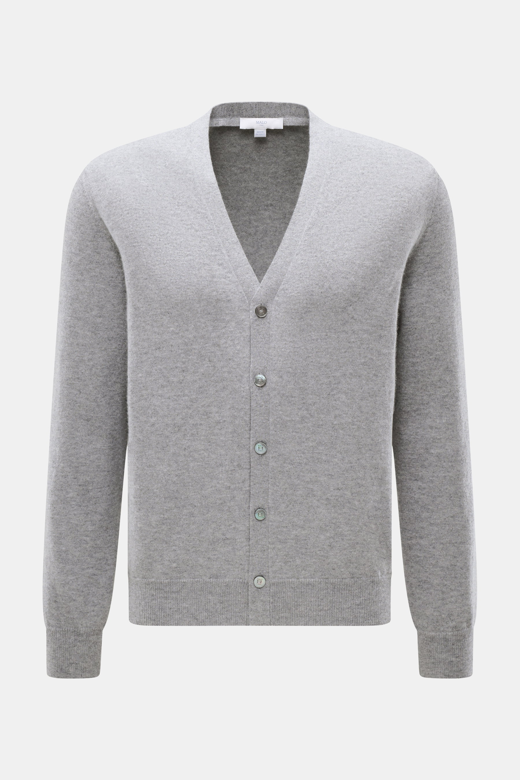 Front view of Malo Cashmere Cardigan grey, a slim fit pure cashmere cardigan with a fine knit pattern, V-neck, five-button placket, and ribbed cuffs.