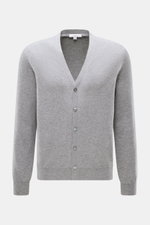 Malo Cashmere Cardigan grau meliert, frontal fotografiert, Slim Fit, feines Strickbild, V-Ausschnitt, Fünf-Knopf-Leiste, aus weichem reinem Cashmere.