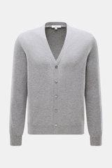 Malo Cashmere Cardigan grau meliert, frontal fotografiert, Slim Fit, feines Strickbild, V-Ausschnitt, Fünf-Knopf-Leiste, aus weichem reinem Cashmere.