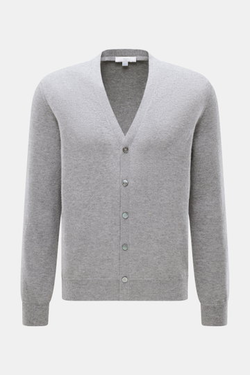 Front view of Malo Cashmere Cardigan grey, a slim fit pure cashmere cardigan with a fine knit pattern, V-neck, five-button placket, and ribbed cuffs.