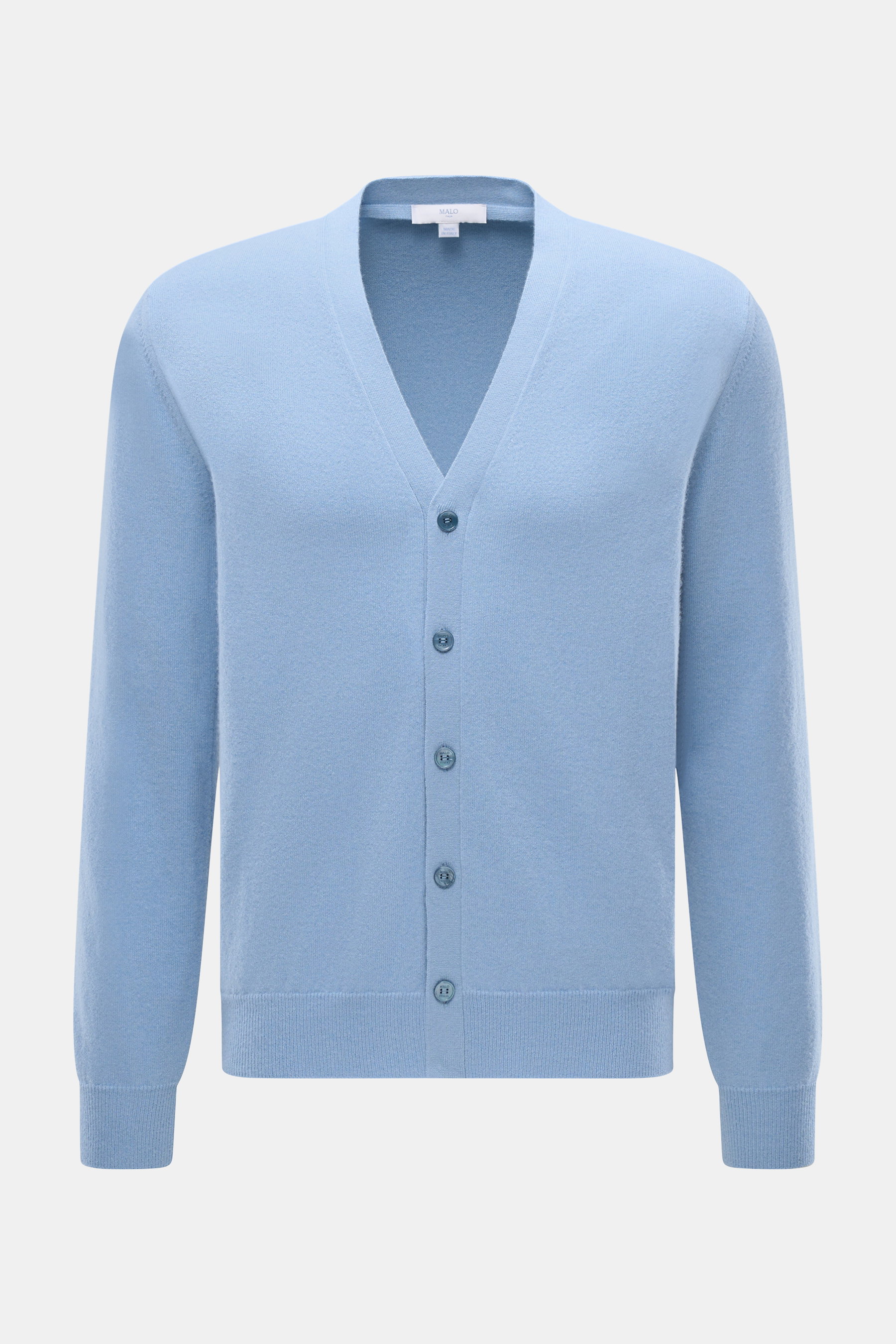 Malo Cashmere Cardigan light blue shown from front, slim fit V-neck with five-button placket, ribbed cuffs, fine knit, pure soft cashmere.
