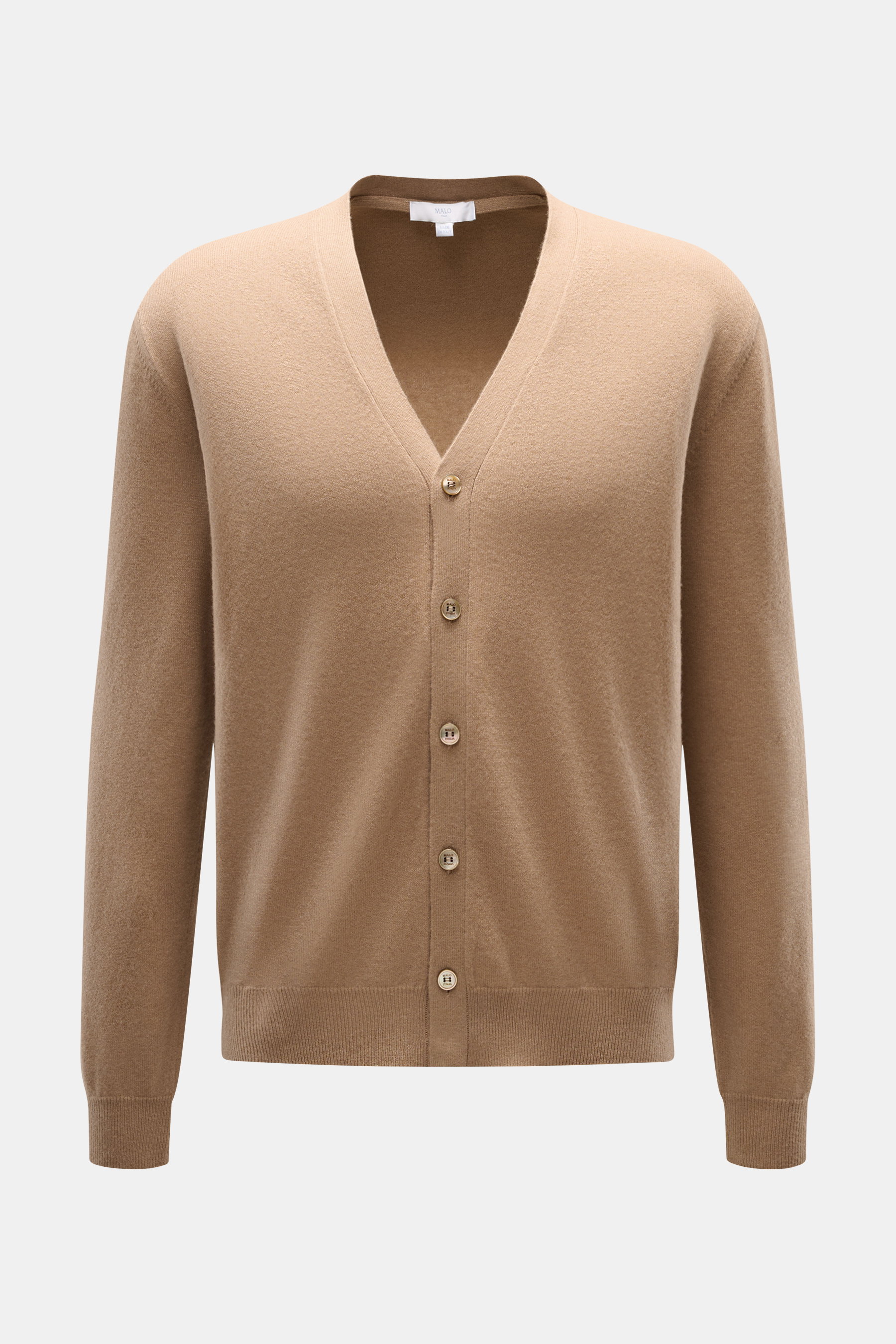 Front view of Malo Cashmere Cardigan light brown, pure cashmere, very soft feel, fine knit pattern, slim fit, five-button placket, V-neck, ribbed cuffs.
