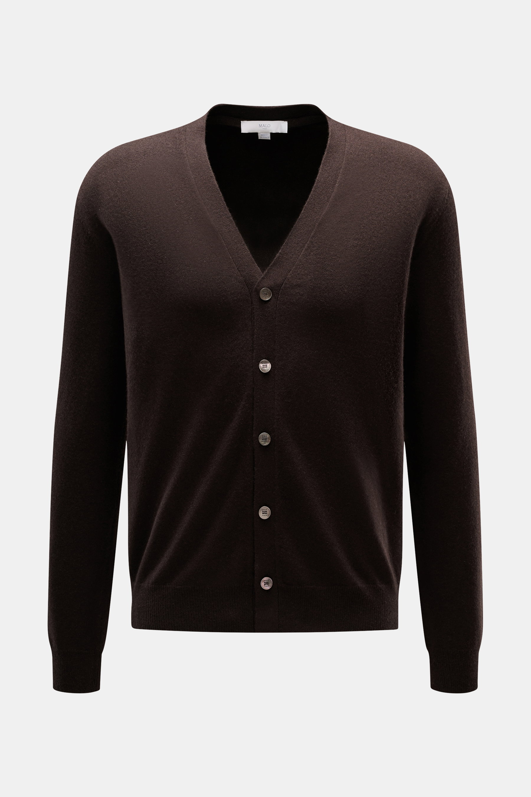 Front view of Malo Cashmere Cardigan dark brown, slim fit with V-neck, five-button placket, ribbed cuffs, fine knit, pure cashmere, very soft feel.