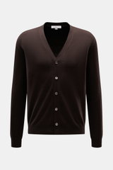 Malo Cashmere Cardigan dunkelbraun, Slim Fit, von vorne fotografiert, mit V-Ausschnitt, Fünf-Knopf-Leiste, Rippbündchen, feinem Strickbild, sehr weich.