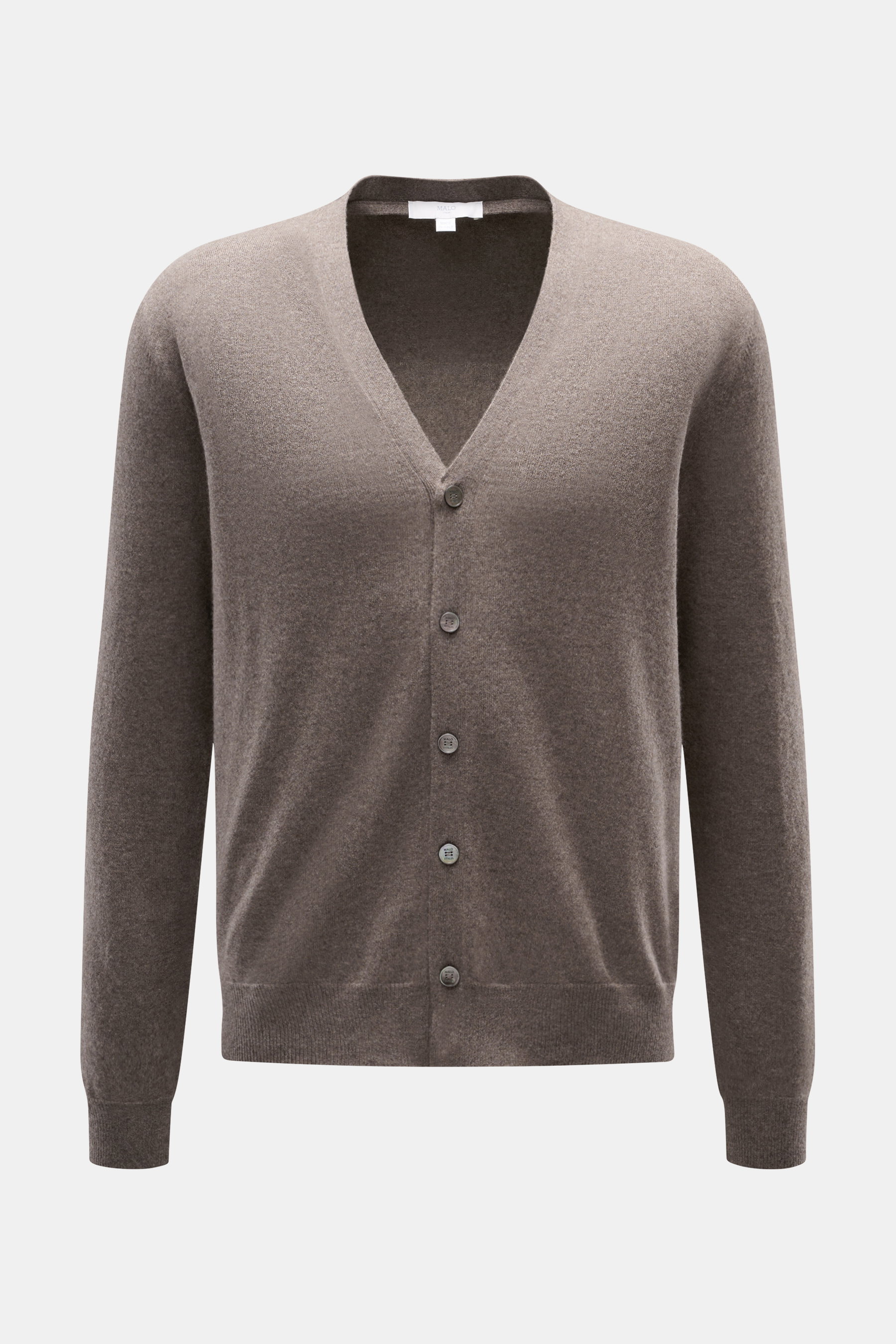 Front view of Malo Cashmere Cardigan grey brown melange, pure cashmere with fine knit, slim fit, V-neck, five-button placket, ribbed cuffs.