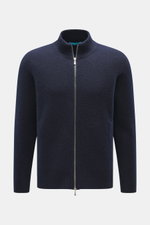 Drumohr Strickjacke navy, Frontansicht, reine Lammwolle, weicher Griff, mittelfeines Strickbild, Slim Fit, Zwei-Wege-Reißverschluss, Stehkragen, Rippbündchen