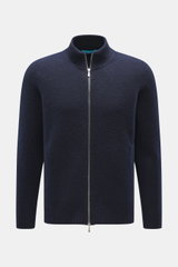Drumohr Strickjacke navy, Frontansicht, reine Lammwolle, weicher Griff, mittelfeines Strickbild, Slim Fit, Zwei-Wege-Reißverschluss, Stehkragen, Rippbündchen