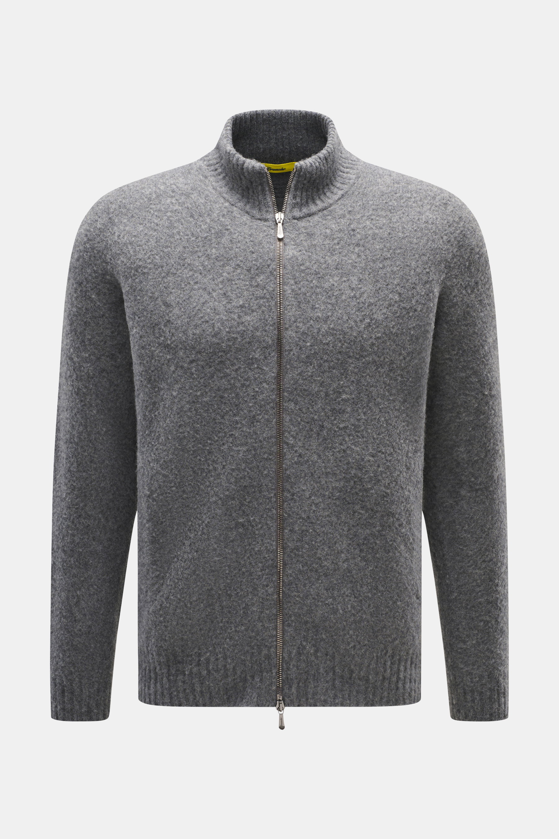 Drumohr Strickjacke dunkelgrau meliert, Frontansicht, Slim Fit mit zwei-Wege-Reißverschluss, Stehkragen, Rippbündchen, mittelfeines Strickbild, reine Lammwolle, weicher Griff.