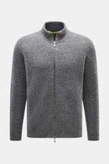 Drumohr Strickjacke dunkelgrau meliert, Frontansicht, Slim Fit mit zwei-Wege-Reißverschluss, Stehkragen, Rippbündchen, mittelfeines Strickbild, reine Lammwolle, weicher Griff.