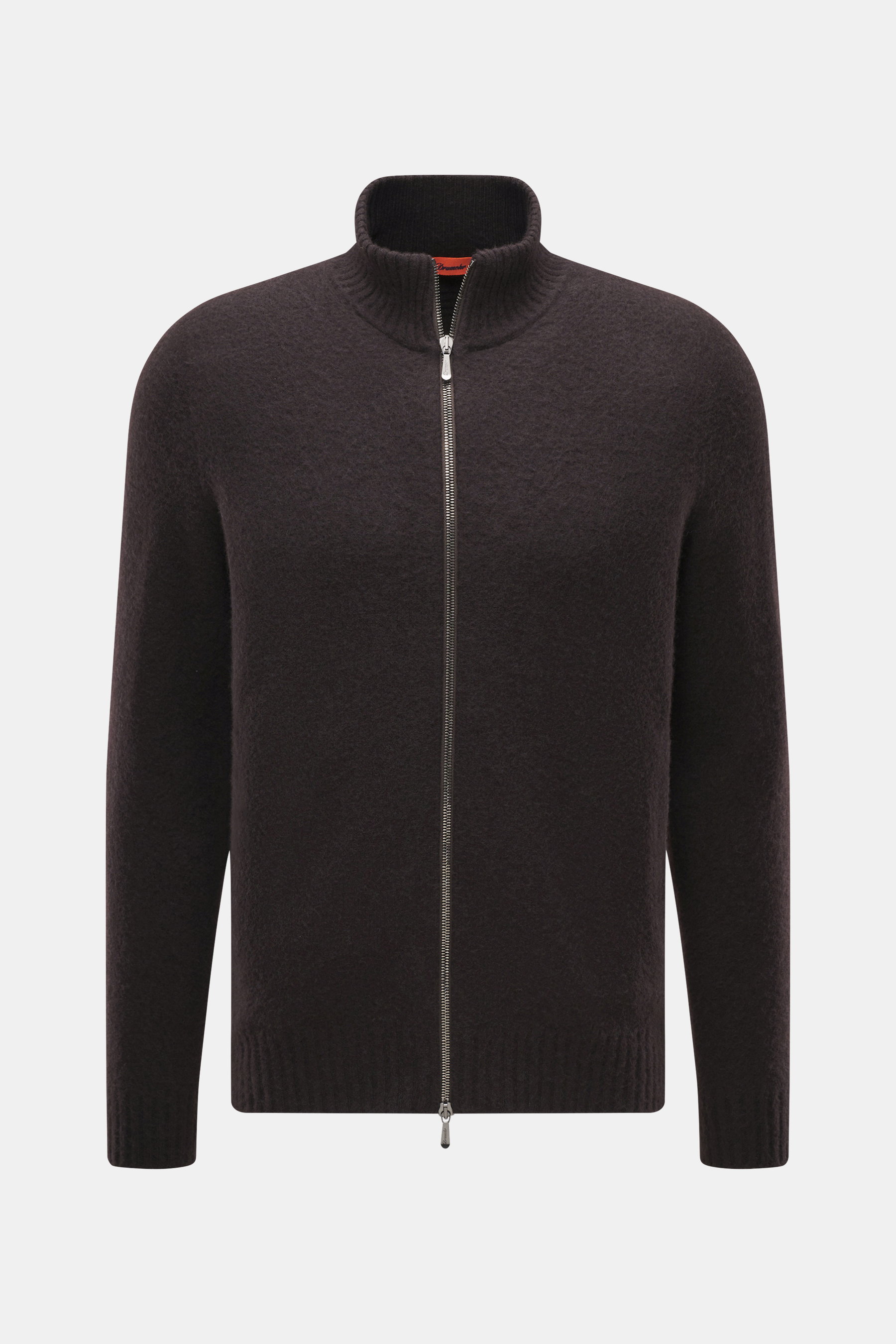 Drumohr Strickjacke dunkelbraun, von vorne fotografiert, Slim Fit mit Zwei-Wege-Reißverschluss, Stehkragen, Rippbündchen, reine Lammwolle, weicher Griff, mittelfeines Strickbild.