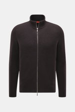 Drumohr Strickjacke dunkelbraun, von vorne fotografiert, Slim Fit mit Zwei-Wege-Reißverschluss, Stehkragen, Rippbündchen, reine Lammwolle, weicher Griff, mittelfeines Strickbild.
