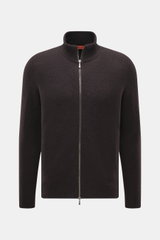 Drumohr Strickjacke dunkelbraun, von vorne fotografiert, Slim Fit mit Zwei-Wege-Reißverschluss, Stehkragen, Rippbündchen, reine Lammwolle, weicher Griff, mittelfeines Strickbild.