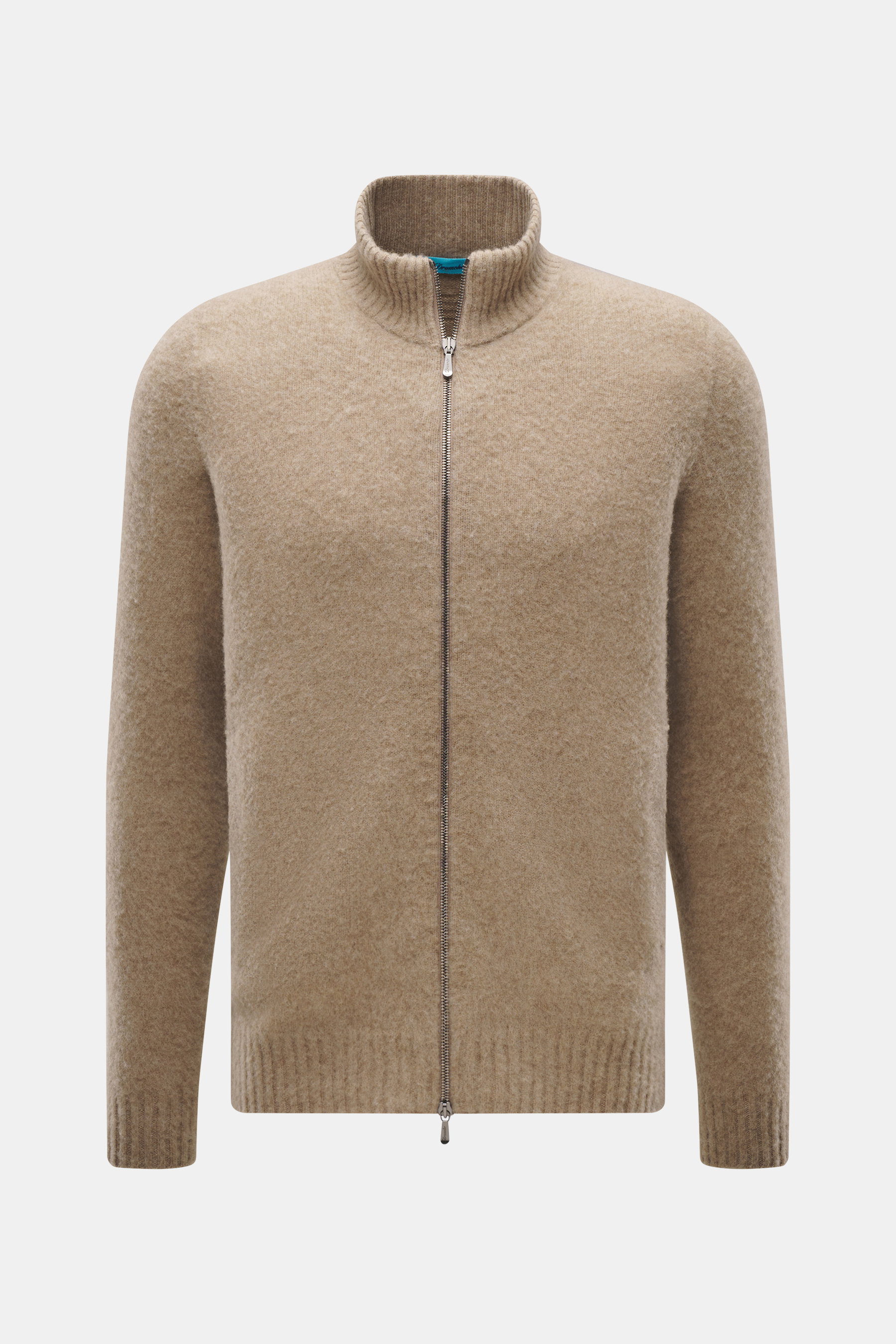 Drumohr Strickjacke taupe meliert, Frontansicht, Slim Fit, reine Lammwolle, weicher Griff, mittelfeines Strickbild, Zwei-Wege-Reißverschluss, Stehkragen, Rippbündchen.