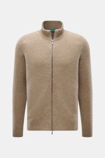 Drumohr Strickjacke taupe meliert, Frontansicht, Slim Fit, reine Lammwolle, weicher Griff, mittelfeines Strickbild, Zwei-Wege-Reißverschluss, Stehkragen, Rippbündchen.