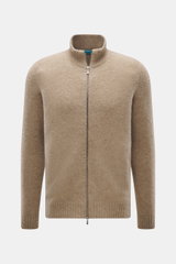 Drumohr Strickjacke taupe meliert, Frontansicht, Slim Fit, reine Lammwolle, weicher Griff, mittelfeines Strickbild, Zwei-Wege-Reißverschluss, Stehkragen, Rippbündchen.