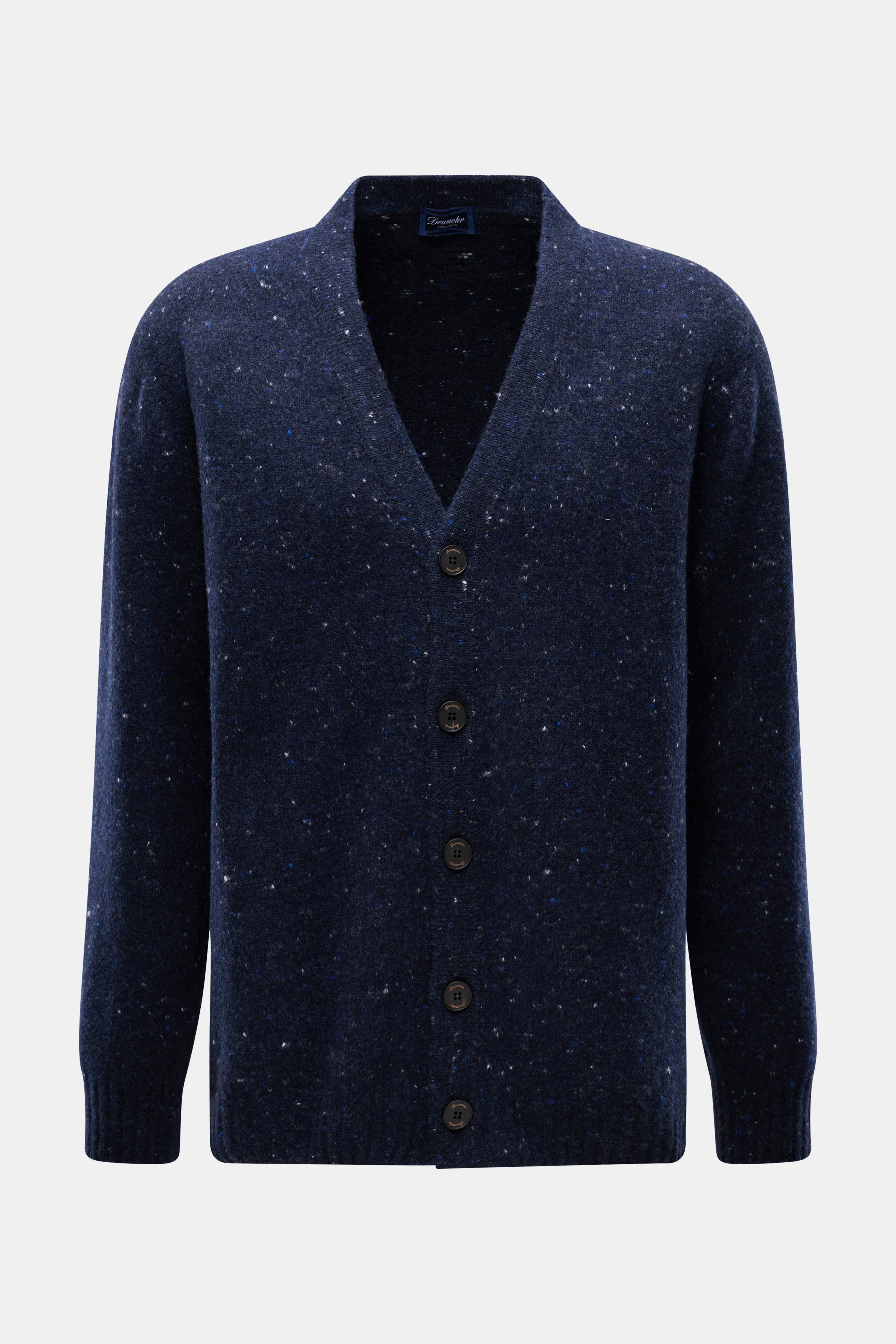 Drumohr Cardigan navy meliert, frontal fotografiert, Mix aus Schurwolle, Cashmere, Microfaser, weicher Griff, mittelfeines Strickbild, Oversized Fit, glatte Knopfleiste, flexible Rippbündchen.