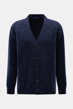 Drumohr Cardigan navy meliert, frontal fotografiert, Mix aus Schurwolle, Cashmere, Microfaser, weicher Griff, mittelfeines Strickbild, Oversized Fit, glatte Knopfleiste, flexible Rippbündchen.