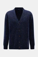 Drumohr Cardigan navy meliert, frontal fotografiert, Mix aus Schurwolle, Cashmere, Microfaser, weicher Griff, mittelfeines Strickbild, Oversized Fit, glatte Knopfleiste, flexible Rippbündchen.