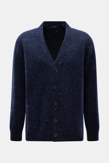 Front view of Drumohr Cardigan navy melange, made from a mix of virgin wool, cashmere, and microfiber, with very soft touch, medium fine knit pattern, oversized fit, smooth button placket, and flexible ribbed cuffs.