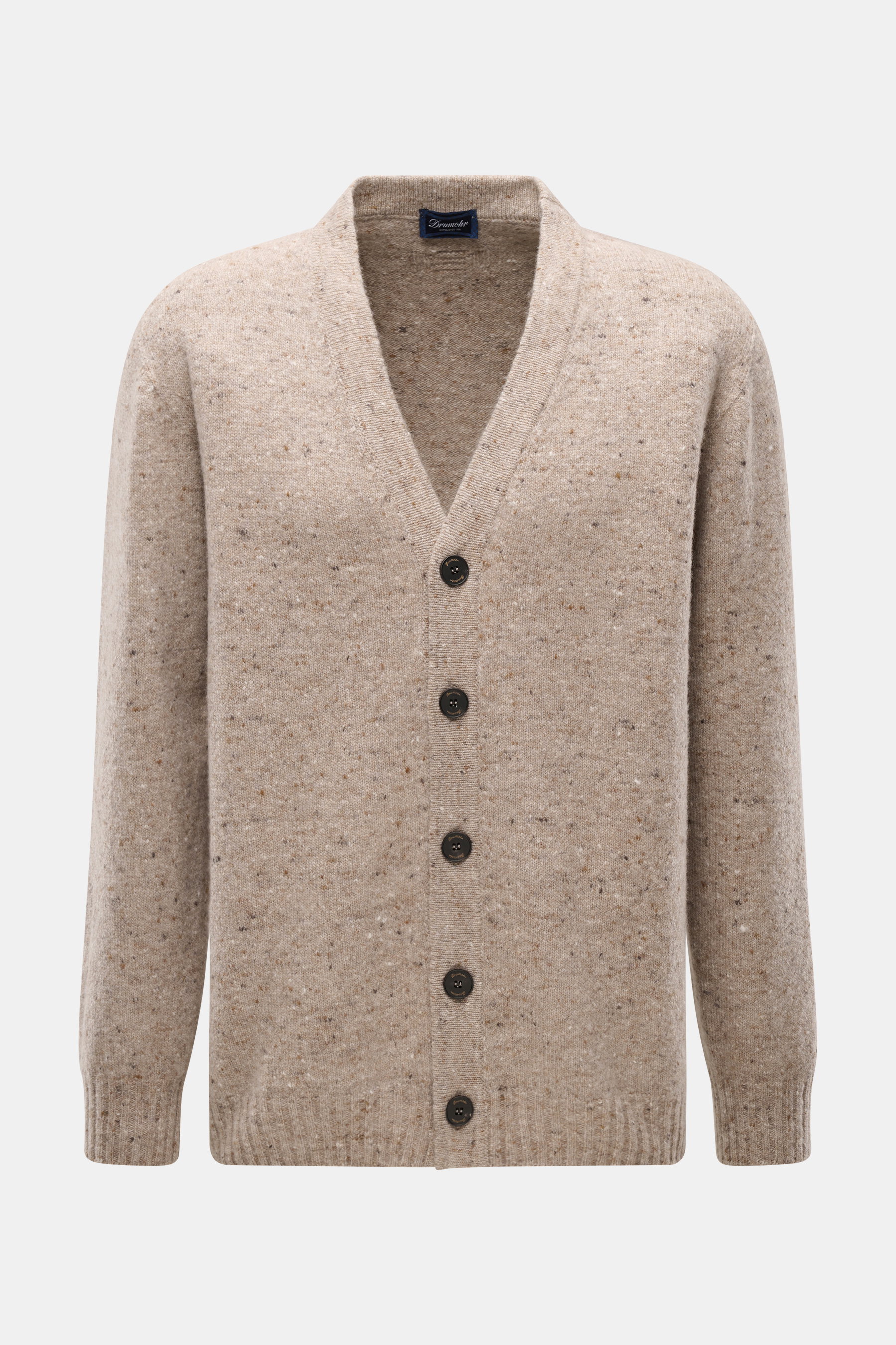 Drumohr Cardigan beige meliert, frontale Nahaufnahme, Mix aus Schurwolle, Cashmere, Microfaser, weicher Griff, mittelfeines Strickbild, Oversized Fit, glatte Knopfleiste, flexible Rippbündchen.