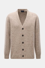 Drumohr Cardigan beige meliert, frontale Nahaufnahme, Mix aus Schurwolle, Cashmere, Microfaser, weicher Griff, mittelfeines Strickbild, Oversized Fit, glatte Knopfleiste, flexible Rippbündchen.