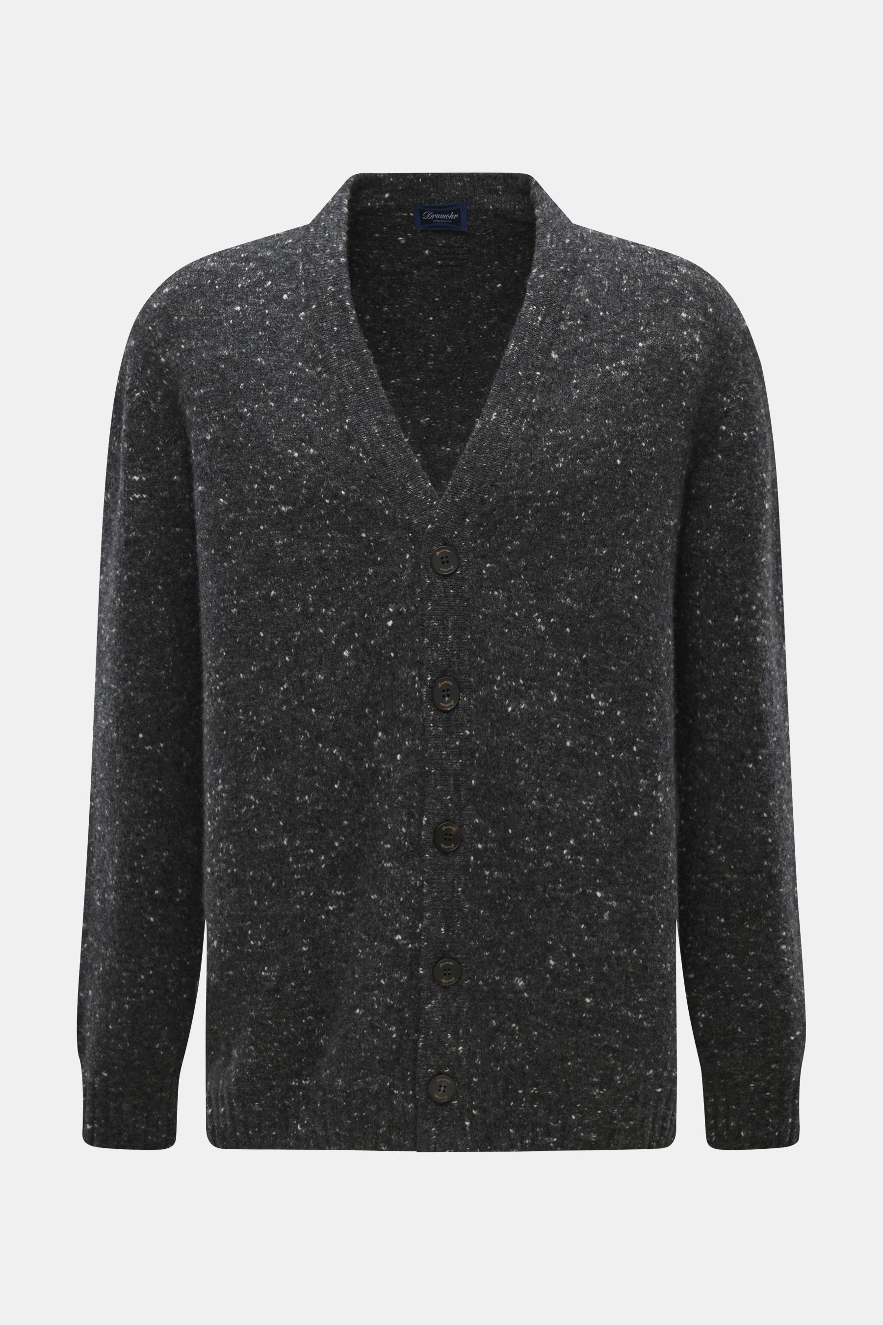 Drumohr Cardigan dunkelgrau meliert, frontale Nahaufnahme, Mix aus Schurwolle, Cashmere, Microfaser, weicher Griff, mittelfeines Strickbild, Oversized Fit, glatte Knopfleiste, flexible Rippbündchen.