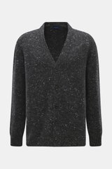 Drumohr Cardigan dunkelgrau meliert, frontale Nahaufnahme, Mix aus Schurwolle, Cashmere, Microfaser, weicher Griff, mittelfeines Strickbild, Oversized Fit, glatte Knopfleiste, flexible Rippbündchen.