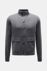 Fioroni Cashmere cardigan dark grey melange shown from the front, featuring pure cashmere, soft touch, fine knit pattern, regular fit, smooth button placket with leather, ribbed stand-up collar, patch pockets, and ribbed cuffs. Luxurious cashmere for cold