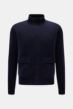 Front view of Fioroni Cashmere cardigan navy in pure cashmere, with soft touch, fine knit, regular fit, leather-reinforced button placket, ribbed stand-up collar, patch pockets, and ribbed cuffs.

Description: <p>Luxurious cashmere for cold days: With its
