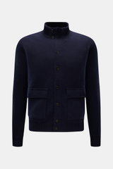 Front view of Fioroni Cashmere cardigan navy in pure cashmere, with soft touch, fine knit, regular fit, leather-reinforced button placket, ribbed stand-up collar, patch pockets, and ribbed cuffs.

Description: <p>Luxurious cashmere for cold days: With its