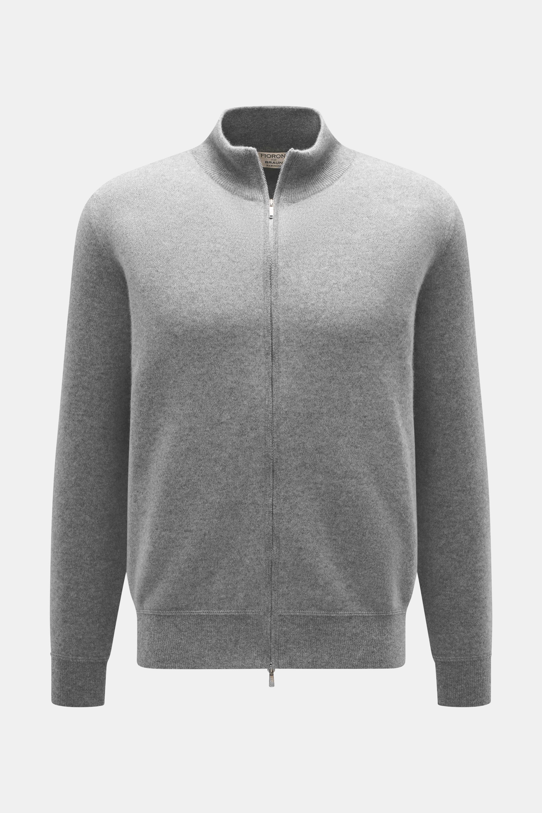 Front view of Fioroni Cashmere cardigan grey melange, featuring pure cashmere, very soft feel, fine knit pattern, slim fit, two-way zipper, ribbed stand-up collar, and flexible ribbed cuffs.