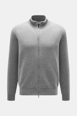 Fioroni Cashmere Strickjacke grau meliert, frontal fotografiert, reiner Cashmere, sehr weicher Griff, feines Strickbild, Slim Fit, Zwei-Wege-Reißverschluss, Rippstrick-Stehkragen, flexible Rippbündchen.