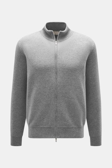 Front view of Fioroni Cashmere cardigan grey melange, featuring pure cashmere, very soft feel, fine knit pattern, slim fit, two-way zipper, ribbed stand-up collar, and flexible ribbed cuffs.