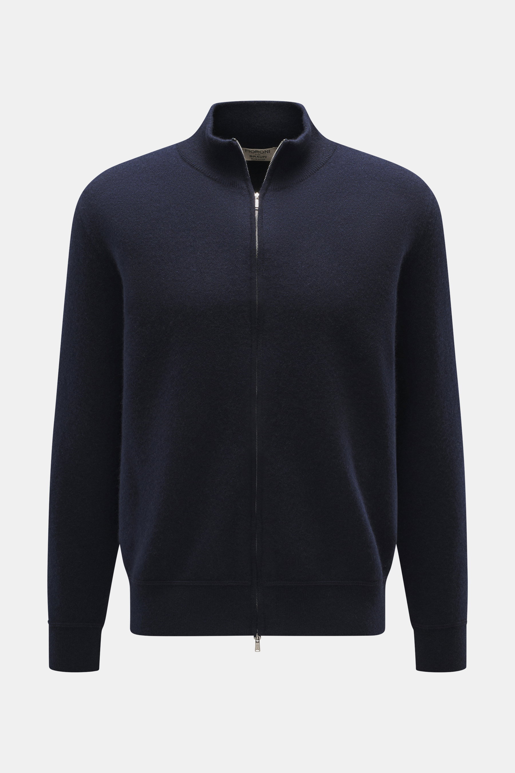 Front view of Fioroni Cashmere cardigan navy in pure cashmere, very soft feel, fine knit pattern, slim fit, two-way zipper, ribbed stand-up collar, and flexible ribbed cuffs.