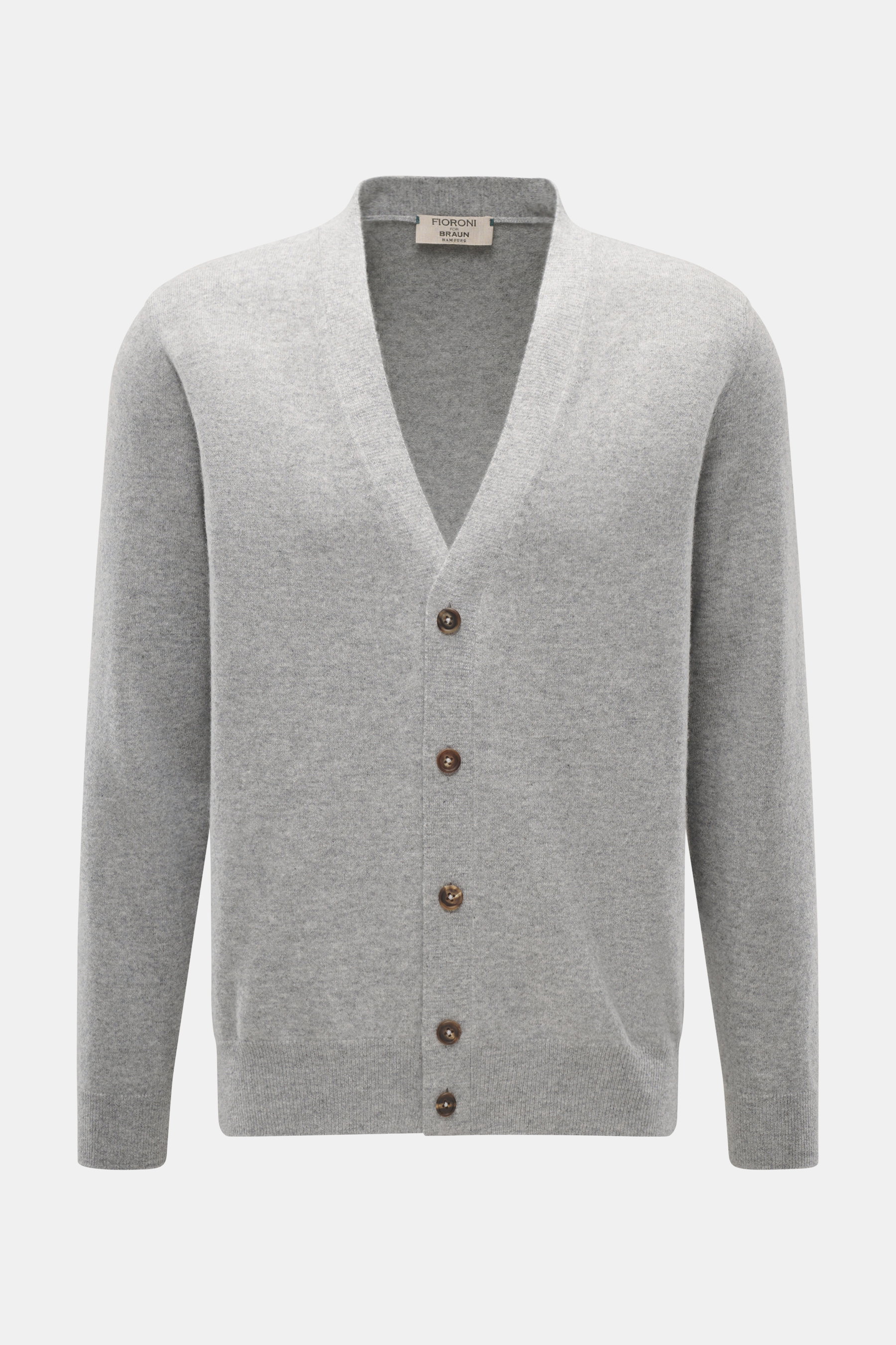 Fioroni Cashmere Cardigan grau meliert, Frontansicht, aus reinem Baby-Cashmere mit weichem Griff, feinem Strickbild, Regular Fit, Knopfleiste und Rippbündchen.