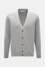 Fioroni Cashmere Cardigan grau meliert, Frontansicht, aus reinem Baby-Cashmere mit weichem Griff, feinem Strickbild, Regular Fit, Knopfleiste und Rippbündchen.