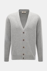 Fioroni Cashmere Cardigan grau meliert, Frontansicht, aus reinem Baby-Cashmere mit weichem Griff, feinem Strickbild, Regular Fit, Knopfleiste und Rippbündchen.