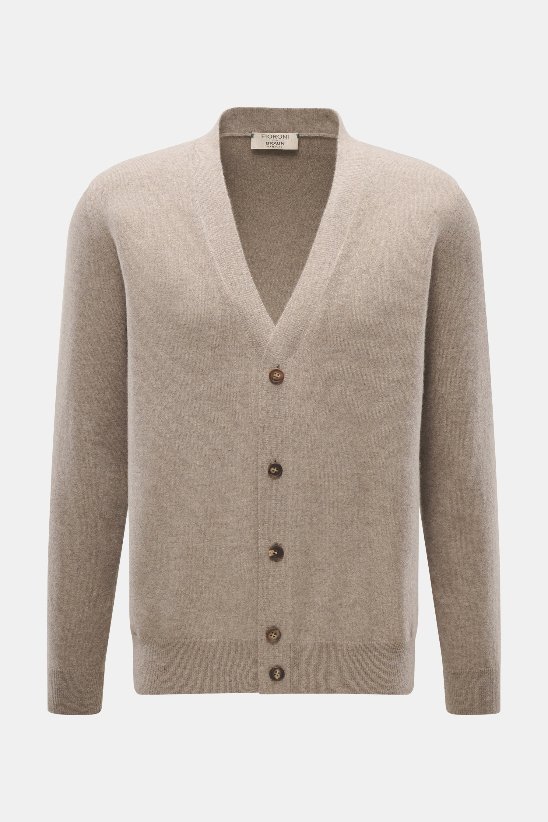 Fioroni Cashmere Cardigan beige meliert in Frontansicht, aus reinem Baby-Cashmere mit feinem Strickbild, Regular Fit, glatter Knopfleiste, flexiblen Rippbündchen, sehr weich und präzise gefertigt.