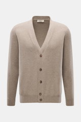 Fioroni Cashmere Cardigan beige meliert in Frontansicht, aus reinem Baby-Cashmere mit feinem Strickbild, Regular Fit, glatter Knopfleiste, flexiblen Rippbündchen, sehr weich und präzise gefertigt.