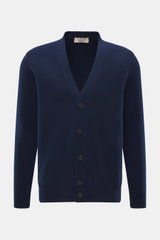 Fioroni Cashmere Cardigan dunkelblau, Frontansicht, reine Baby-Cashmere Qualität, weicher Griff, feines Strickbild, Regular Fit, glatte Knopfleiste, flexible Rippbündchen, italienische Handwerkskunst.