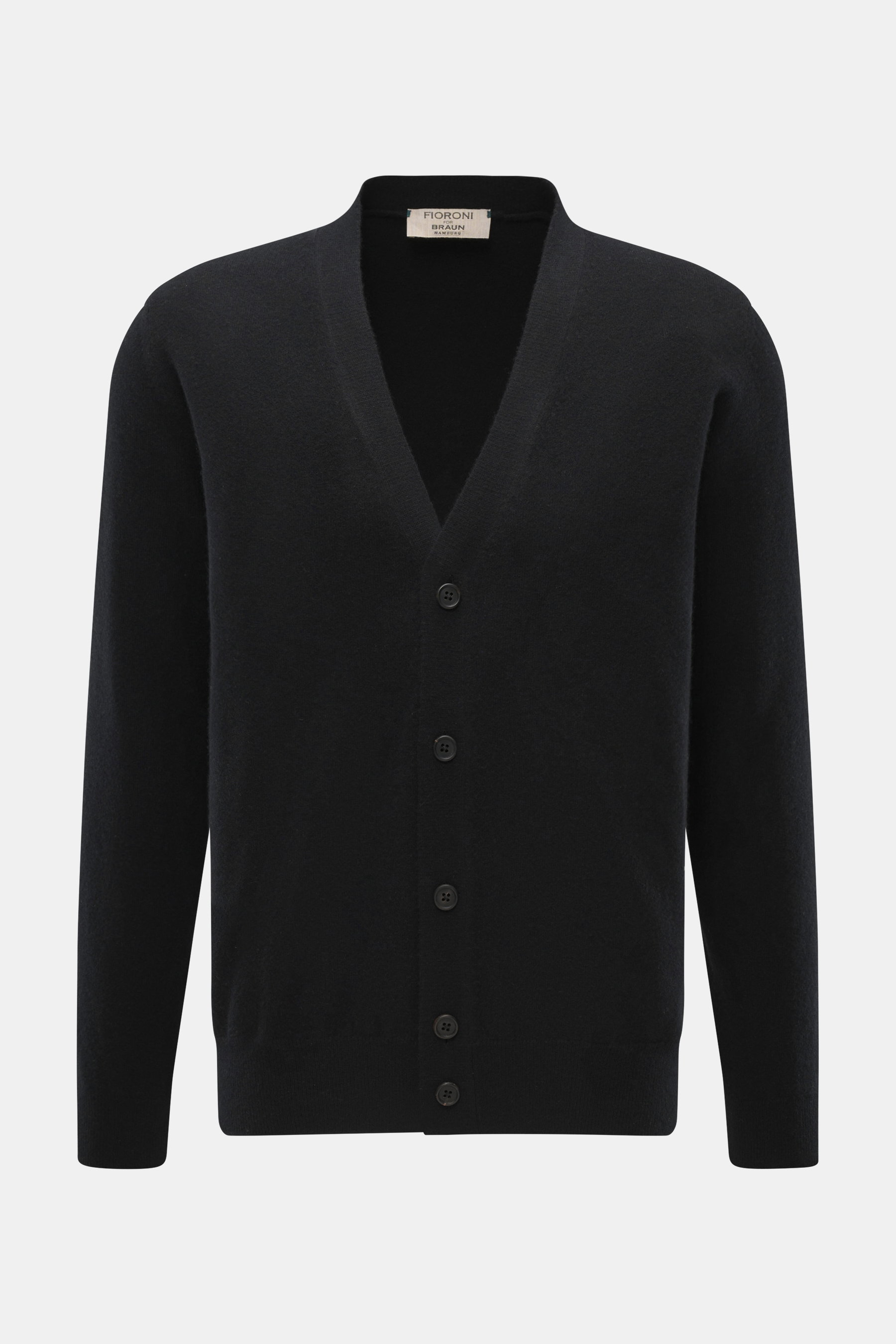 Fioroni Cashmere Cardigan schwarz, frontale Nahaufnahme, Baby-Cashmere, weicher Griff, feines Strickbild, Regular Fit, glatte Knopfleiste, flexible Rippbündchen.