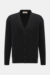 Fioroni Cashmere Cardigan schwarz, frontale Nahaufnahme, Baby-Cashmere, weicher Griff, feines Strickbild, Regular Fit, glatte Knopfleiste, flexible Rippbündchen.